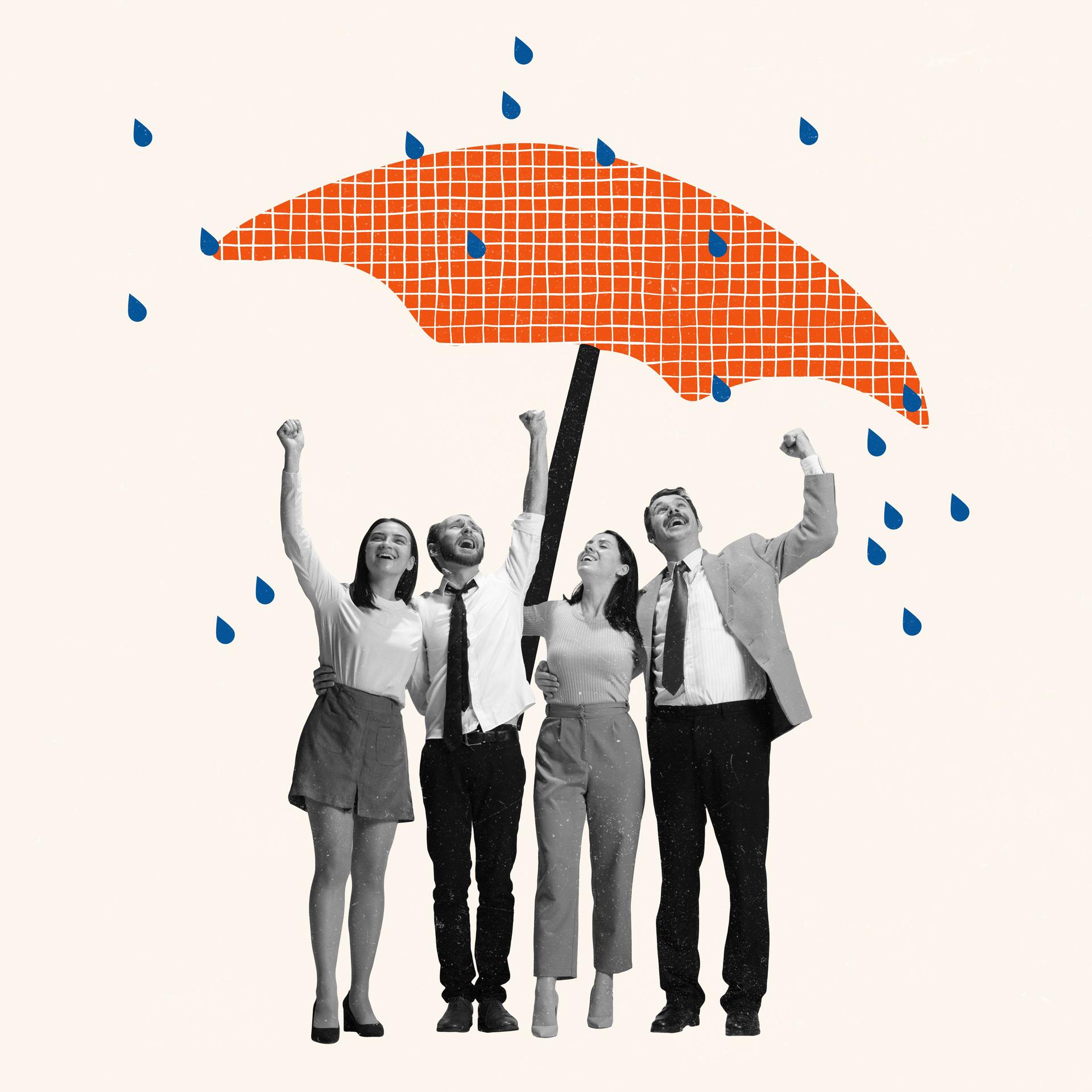 Contemporary art collage. Group of people, employees standing under umbrella