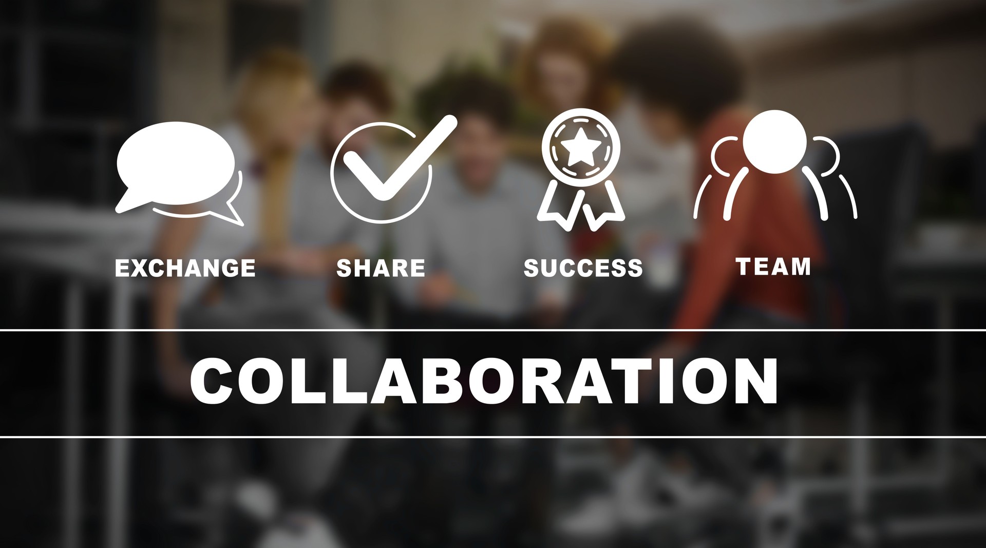 Collaboration inscription and its components over young business team briefing