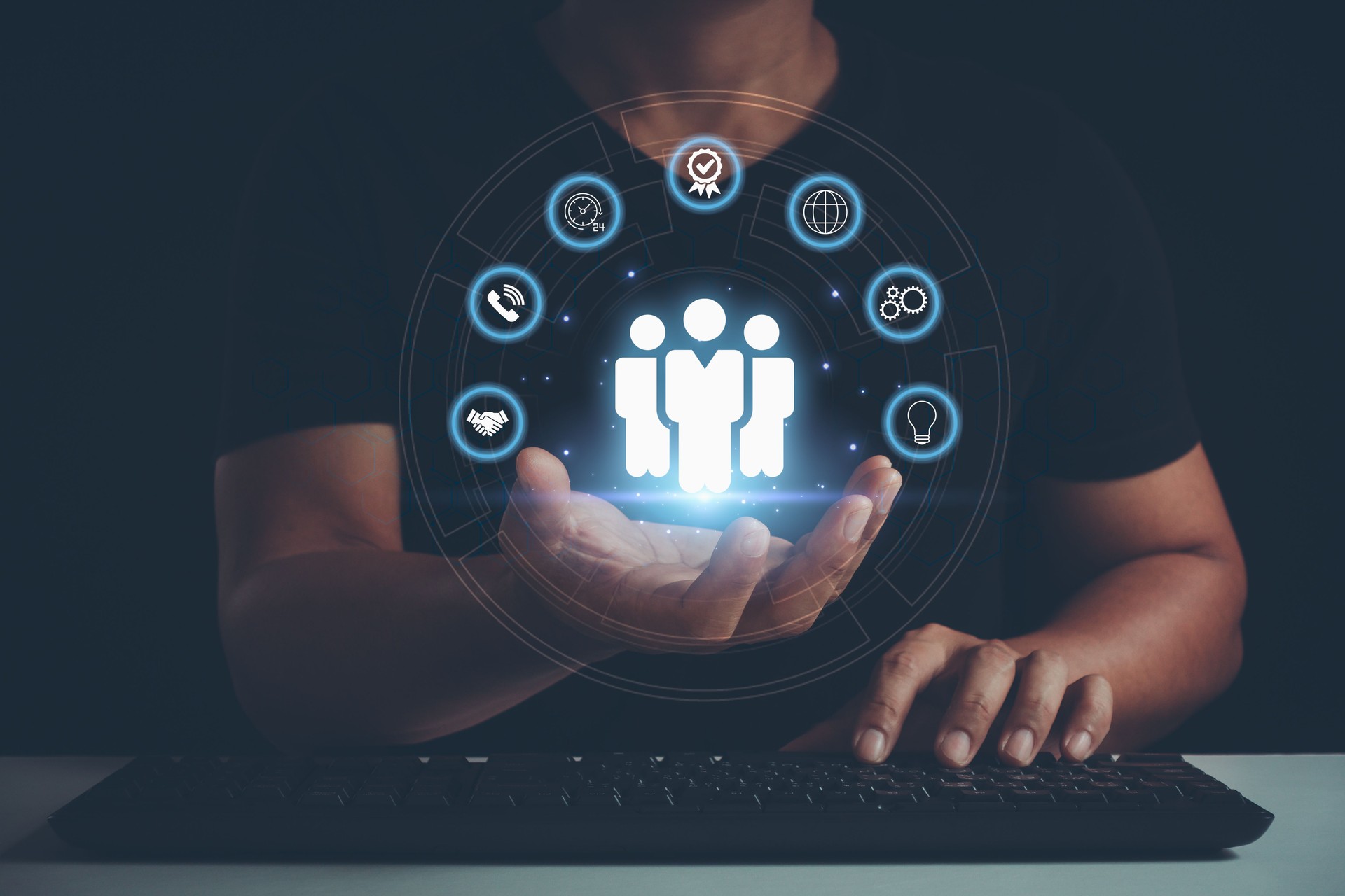 Marketing target audience concept. Business people hand showing the virtual buyer persona to focus customer group. customer behavior analysis. Personalization marketing, customer-centric strategies.