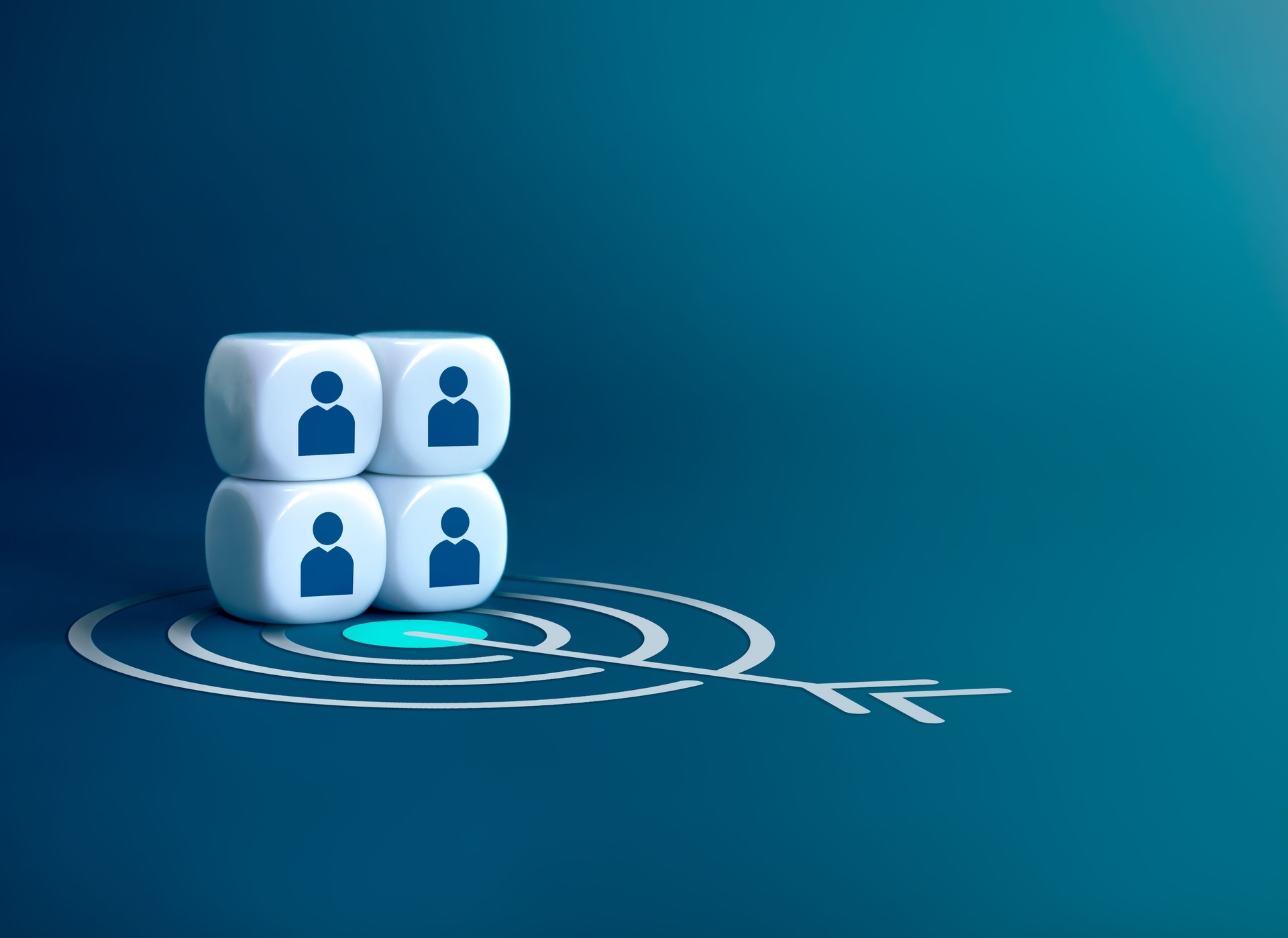 Stakeholder, business connection, partnership, HR, teamwork, and team building concept. Human icons as businessman on white blocks stack with target icon symbol on blue background with copy space.